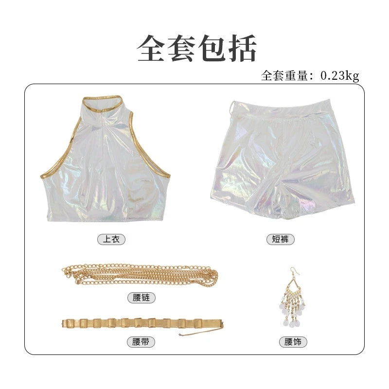 Iridescent Metallic Crop Top and Mini Skirt Set with Gold Fringe Detailing