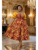 Regal Geometric Print Midi Dress with Contrast Puff Sleeves and Button Bodice