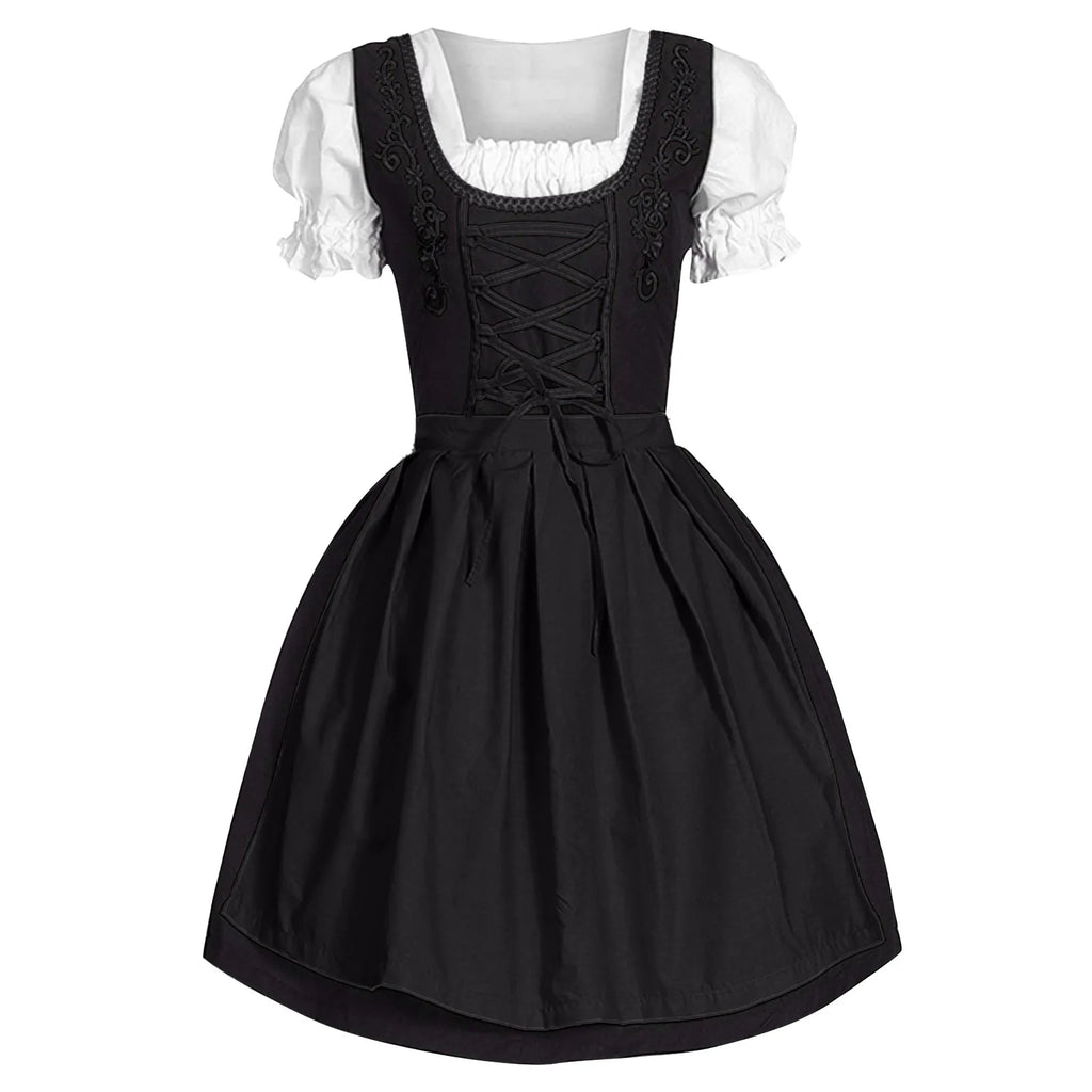 Traditional Bavarian-Inspired Dirndl Dress with Lace-Up Bodice and Puff Sleeves