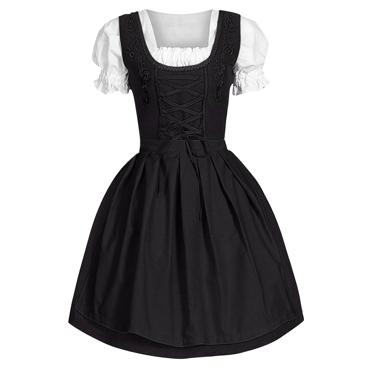 Traditional Bavarian-Inspired Dirndl Dress with Lace-Up Bodice and Puff Sleeves