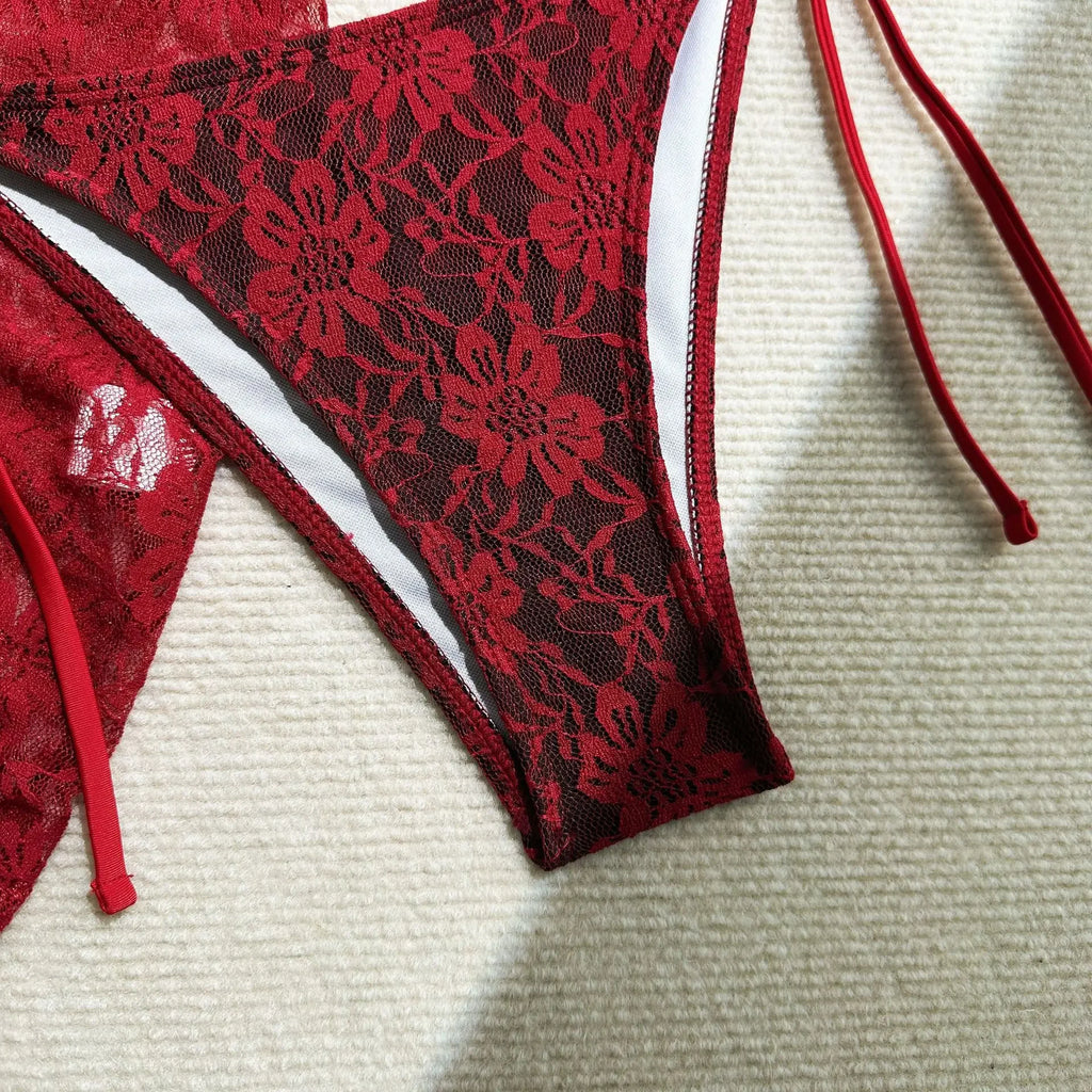 Crimson and Black Lace-Patterned Three-Piece String Bikini and Sarong Set