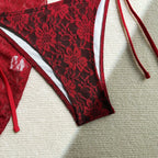 Crimson and Black Lace-Patterned Three-Piece String Bikini and Sarong Set