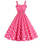 Vintage-Inspired Pink Polka Dot A-Line Dress with Ruffled Straps and Smocked Bodice