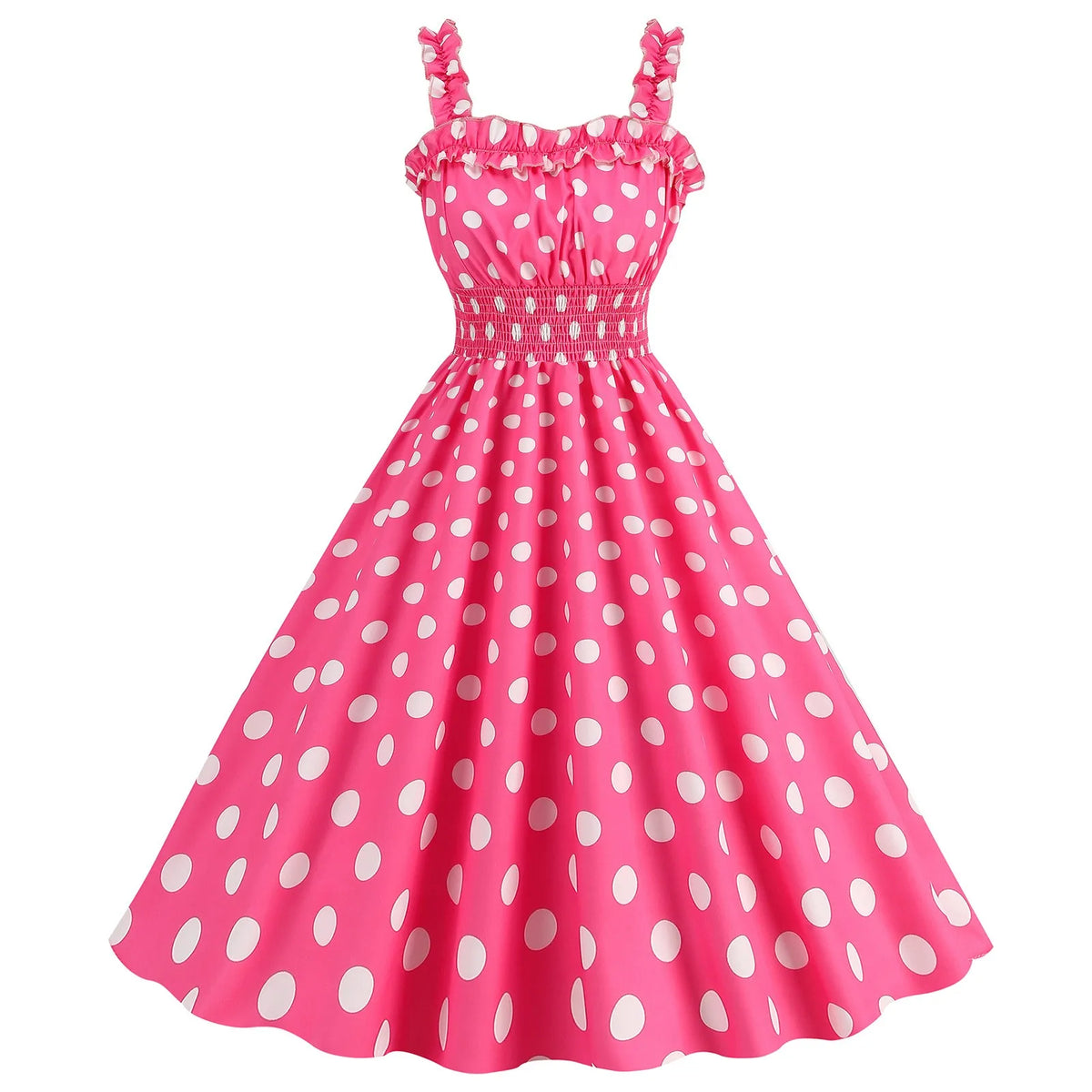 Vintage-Inspired Pink Polka Dot A-Line Dress with Ruffled Straps and Smocked Bodice