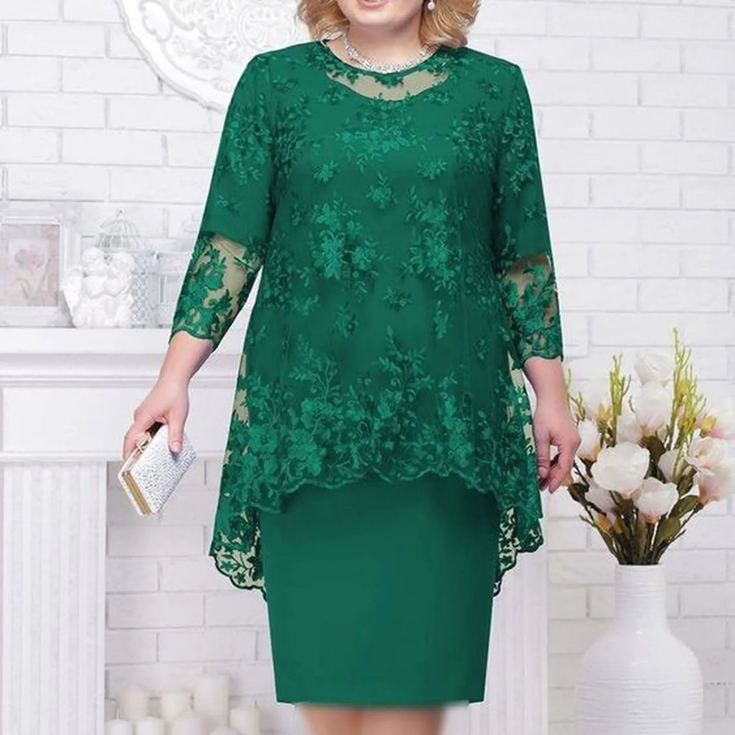 Elegant Floral Lace Overlay Alternative Occasion Midi Dress