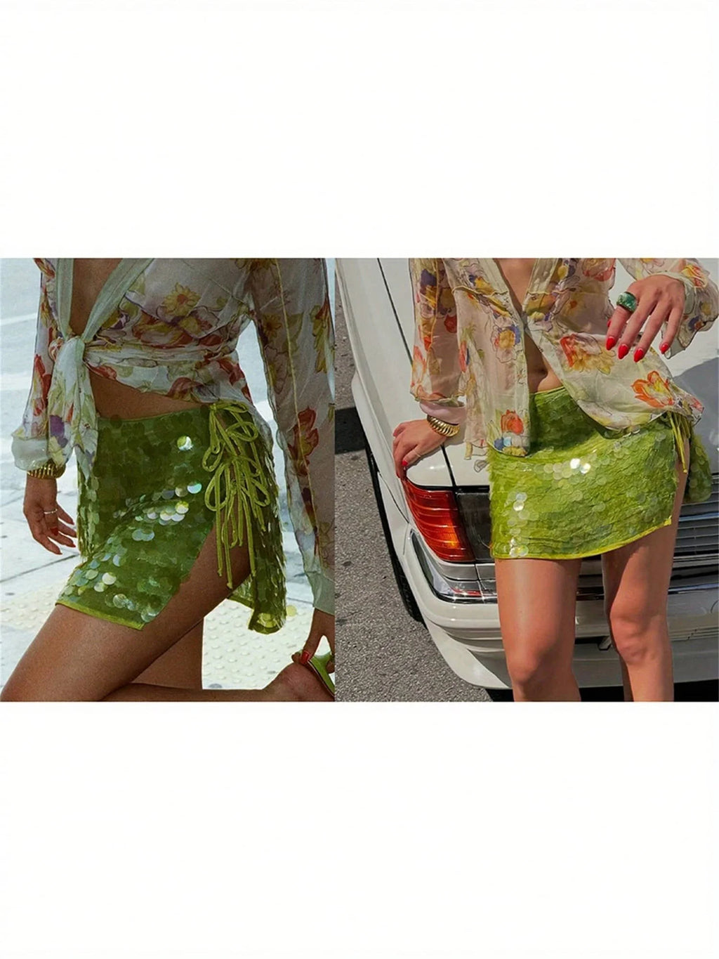 Sequin Mini Skirt with Side Slit and Adjustable Tie Detail