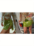 Sequin Mini Skirt with Side Slit and Adjustable Tie Detail
