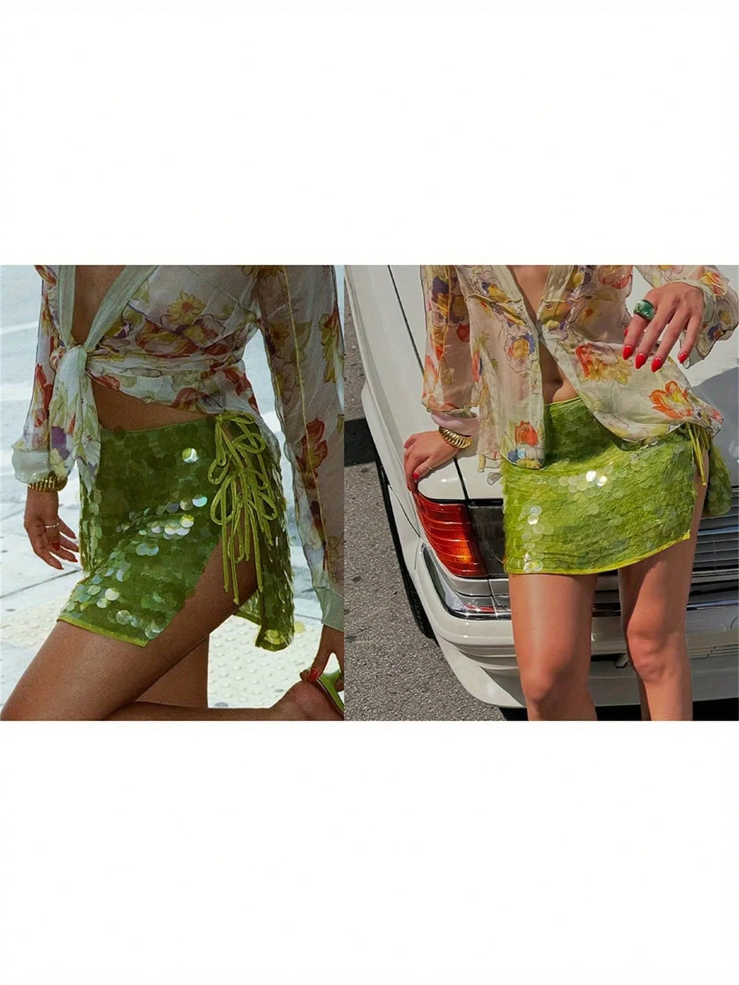 Sequin Mini Skirt with Side Slit and Adjustable Tie Detail