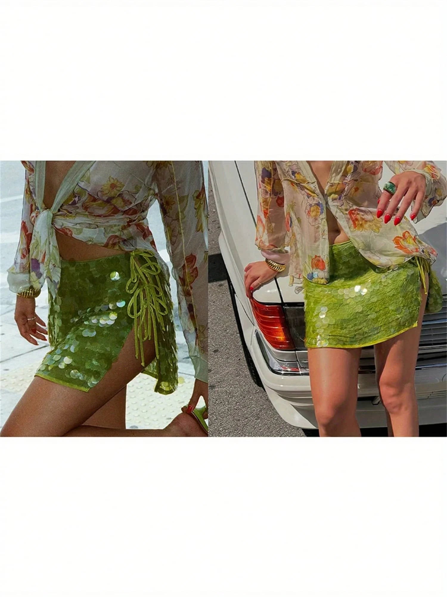 Sequin Mini Skirt with Side Slit and Adjustable Tie Detail