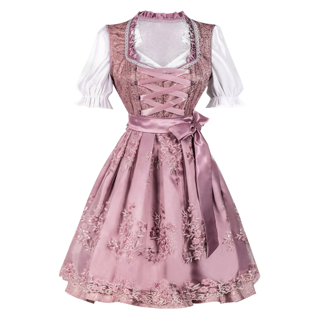 Traditional Floral Embroidered-Style Dirndl Dress with Corset Lacing and White Puff Blouse