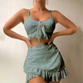 Emerald Green Two-Piece Swimwear Set with Gathered Camisole-Style Top and Layered Ruffle Skirt Cover-Up