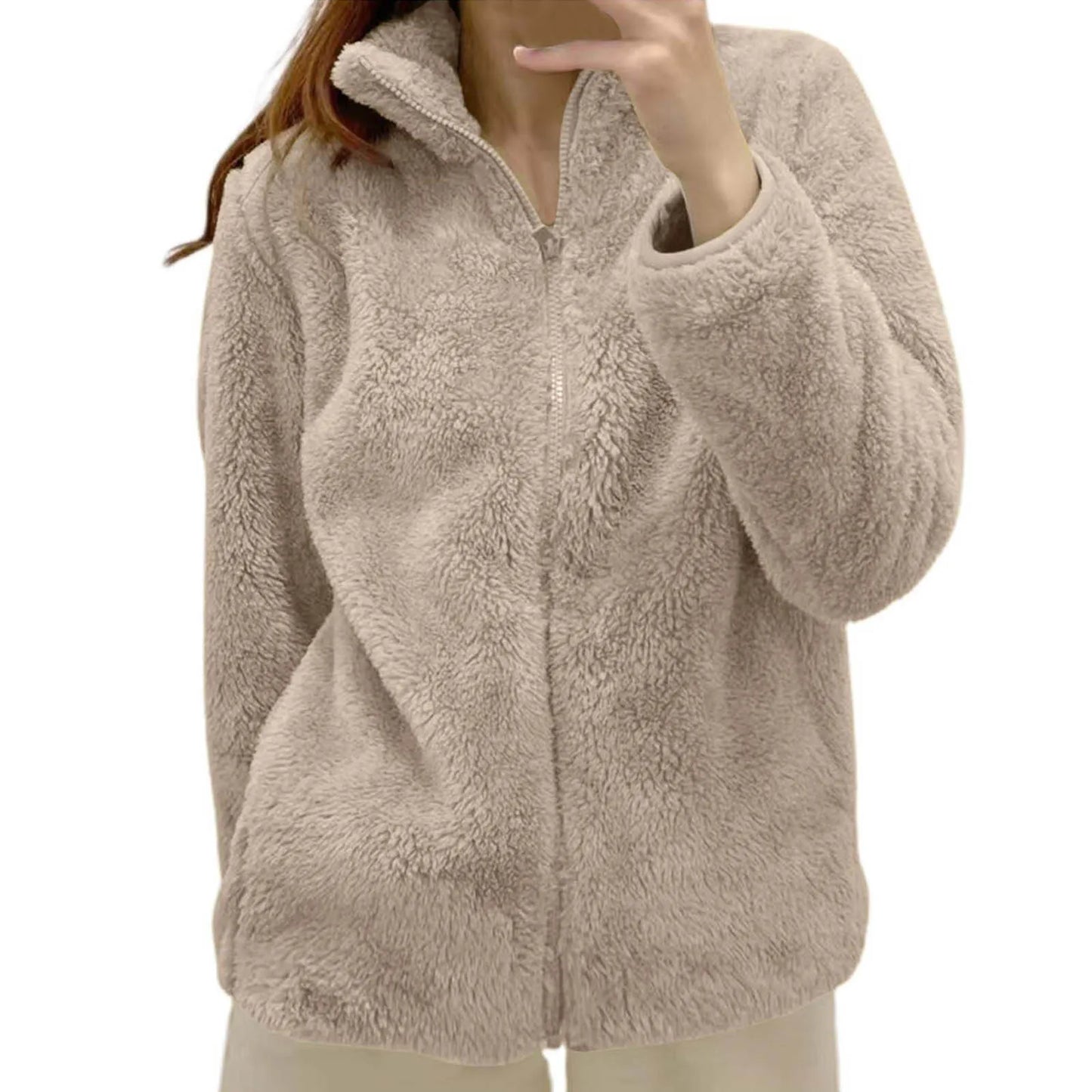Women's Plush Polar Fleece Zip Jacket with Relaxed Streetwear Layering Fit