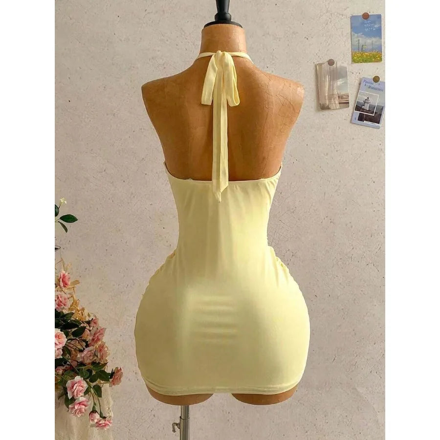 Ruched Halter Neck Mini Dress with Ribbon Tie Detail and Body Skimming Fit