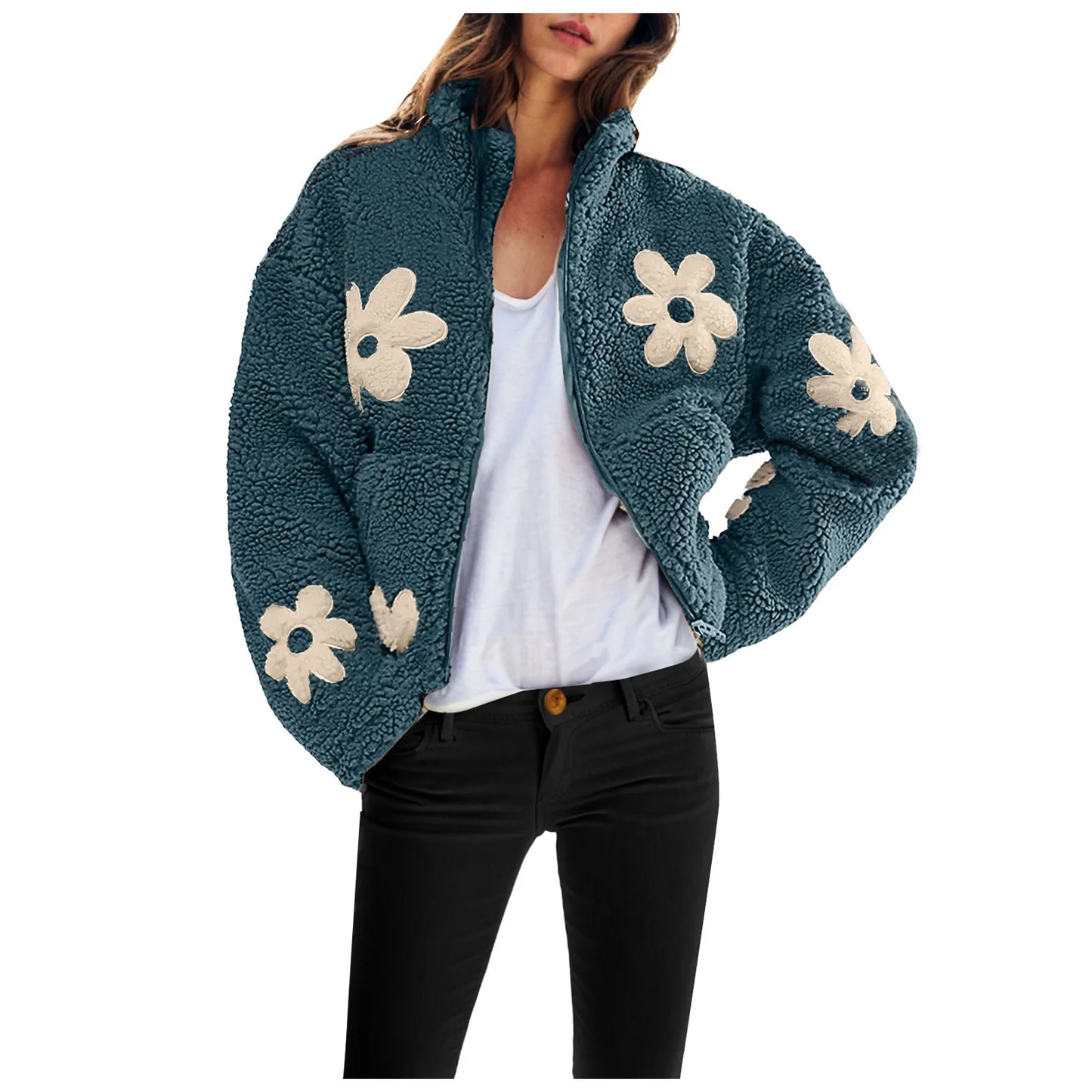 Women's Plush Floral Fleece Zip Jacket with Cozy Contemporary Casual Streetwear Style