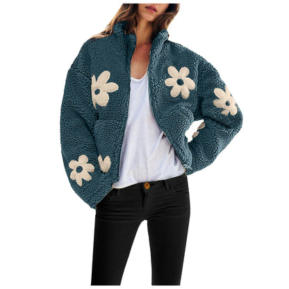 Women's Plush Floral Fleece Zip Jacket with Cozy Contemporary Casual Streetwear Style