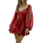 Off Shoulder Smocked Mini Dress with Voluminous Sleeves and Open Back