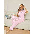 Button Front Lounge Top and Relaxed Pants Sleepwear Co-Ord Set