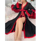 Dramatic Sheer Black Long Robe with Contrasting Red Ruffled Trim