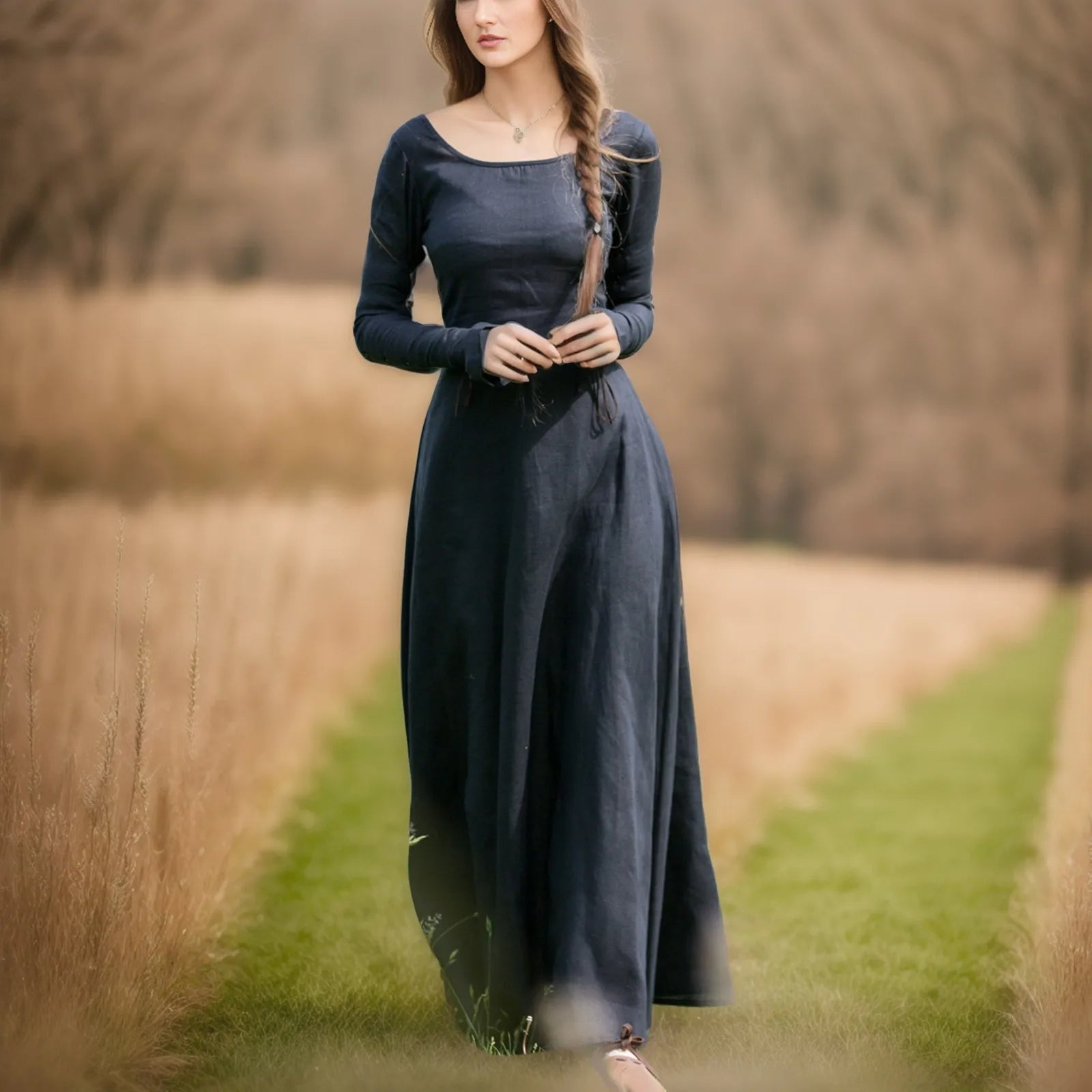 Long Sleeve Minimalist Maxi Dress with Soft A-Line Contemporary Fit