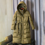Women's Long Hooded Belted Puffer Coat with Quilted Design Mid-Length Winter Streetwear Outerwear