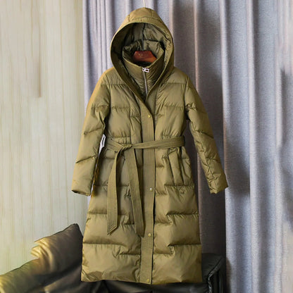 Women's Long Hooded Belted Puffer Coat with Quilted Design Mid-Length Winter Streetwear Outerwear