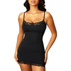 Form-Fitting Black Slip Mini Dress with Delicate Lace Trim