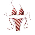 Crimson and Cream Diagonal Stripe Triangle String Bikini