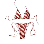 Crimson and Cream Diagonal Stripe Triangle String Bikini
