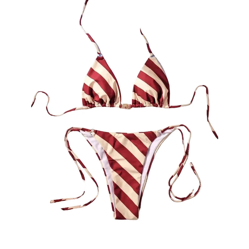 Crimson and Cream Diagonal Stripe Triangle String Bikini
