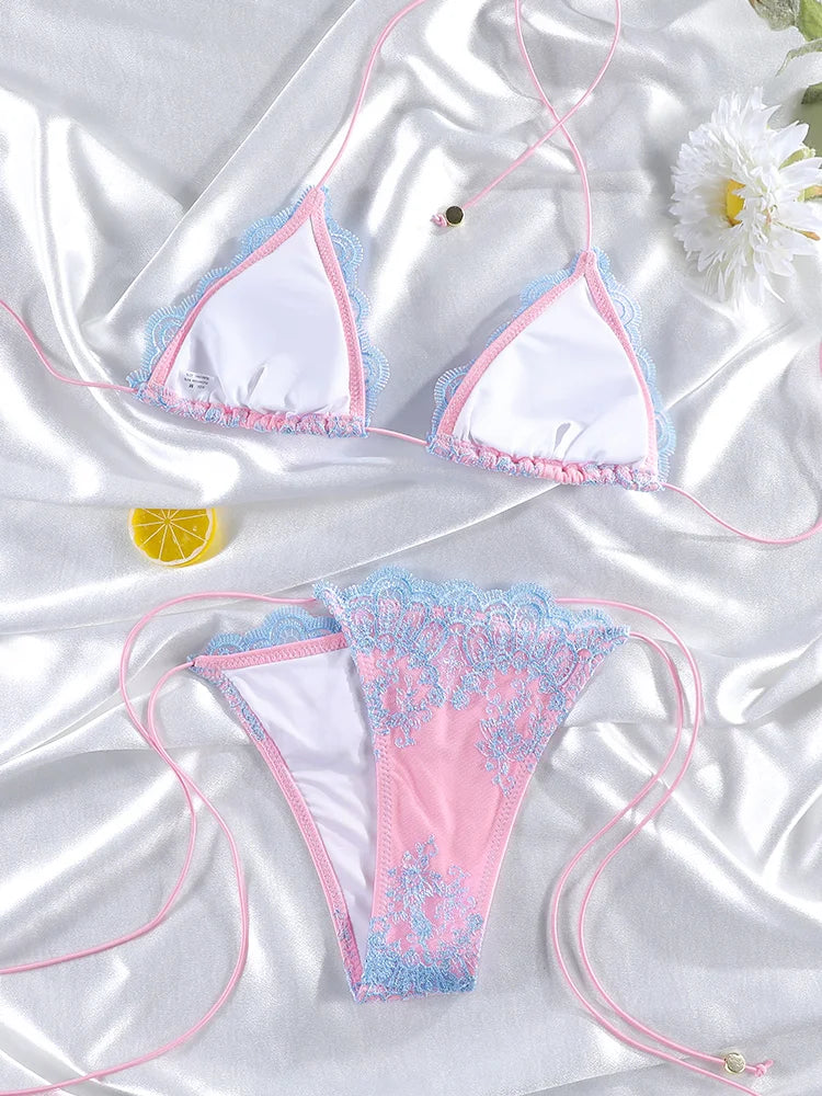 Pink and Blue Lace-Trimmed Triangle String Bikini Set