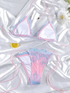 Pink and Blue Lace-Trimmed Triangle String Bikini Set