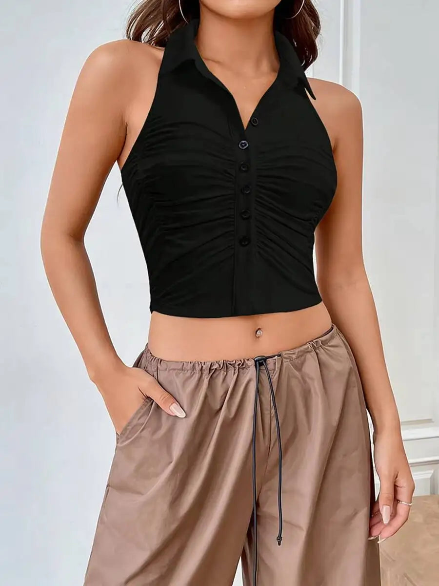 Women's Halter Neck Ruched Button Front Backless Fitted Crop Top for Everyday Summer Style
