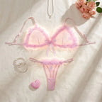 Romantic Soft Pink Sheer Mesh Lingerie Set with Fluffy Marabou Trim