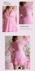 Playful Pink Heart Print Long-Sleeve Sleep Dress with Ruffled Tiered Hem