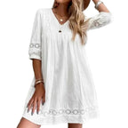 V-Neck Lace Panel Swing Mini Dress with Relaxed Flowy Silhouette