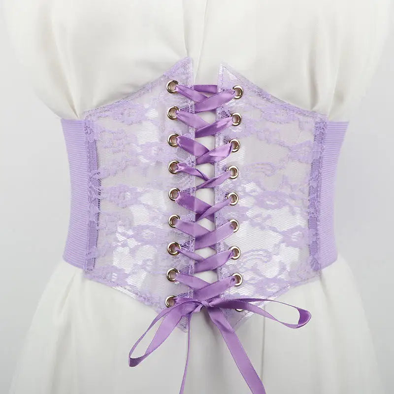 Floral Embroidered Lace-Up Waist Corset Belt with Structured Wide Fit