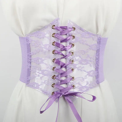 Floral Embroidered Lace-Up Waist Corset Belt with Structured Wide Fit