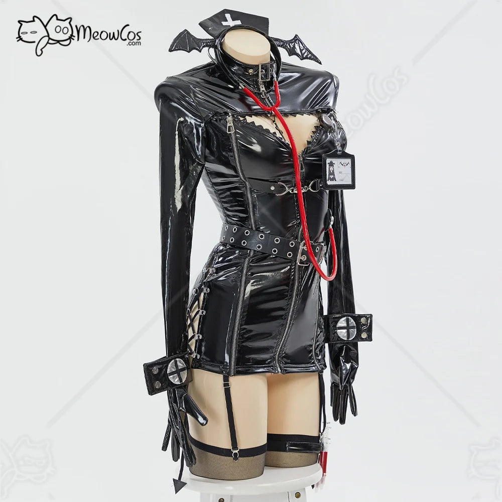 Women's High Gloss Faux Leather Uniform Inspired Mini Dress With Hardware And Matching Accessories