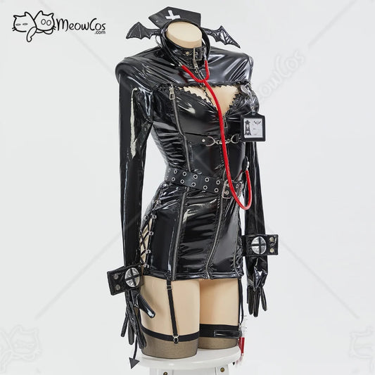 Women's High Gloss Faux Leather Uniform Inspired Mini Dress With Hardware And Matching Accessories