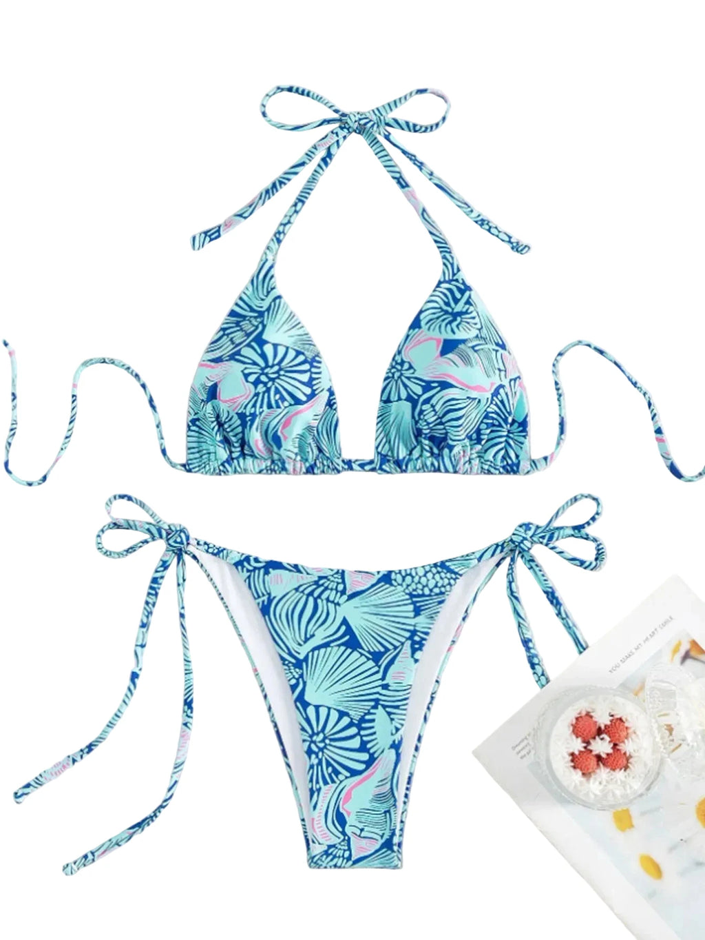 Vibrant Blue Tropical Print Triangle String Bikini