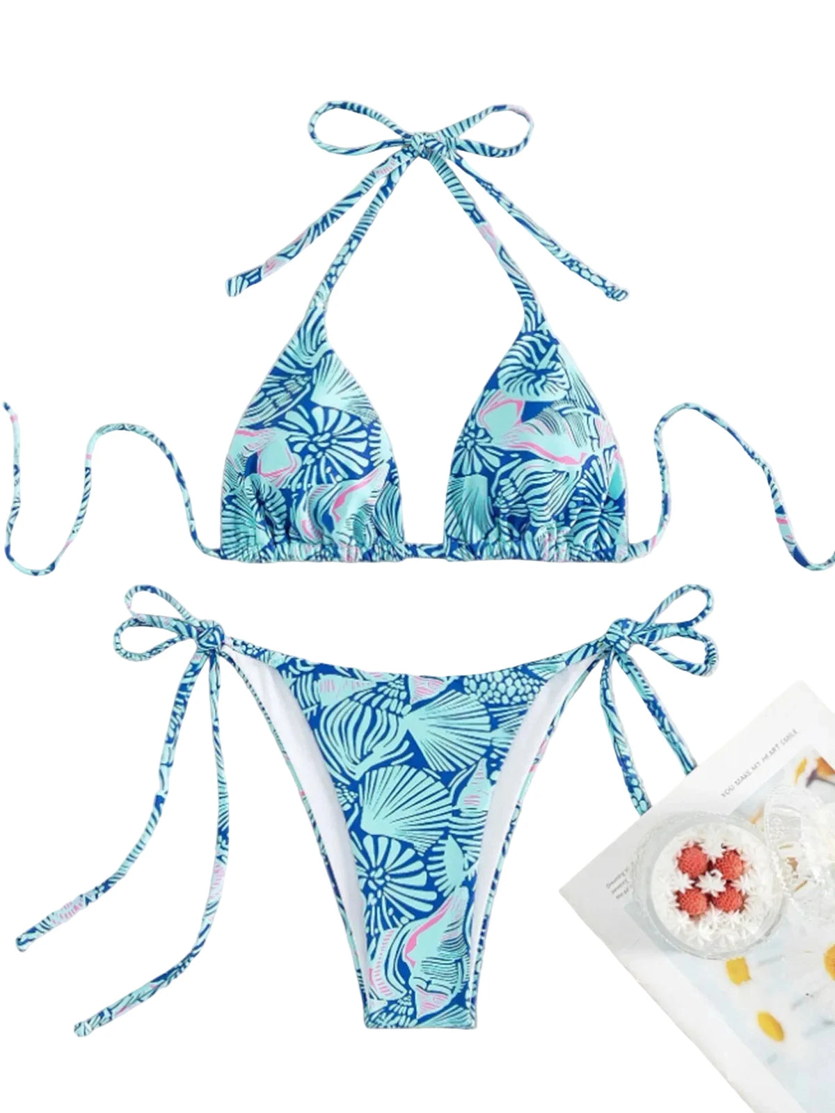 Vibrant Blue Tropical Print Triangle String Bikini