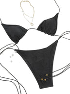 Classic Black Triangle String Bikini with Double-Strap Bead Details