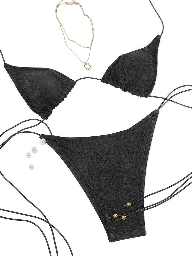 Classic Black Triangle String Bikini with Double-Strap Bead Details