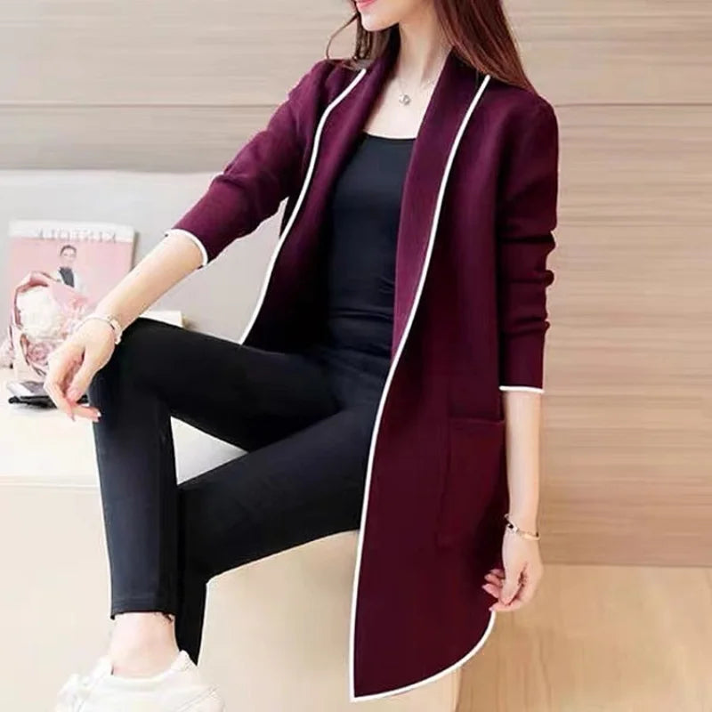 Women's Longline Open Front Cardigan Coat with Patchwork Design for Everyday Layering