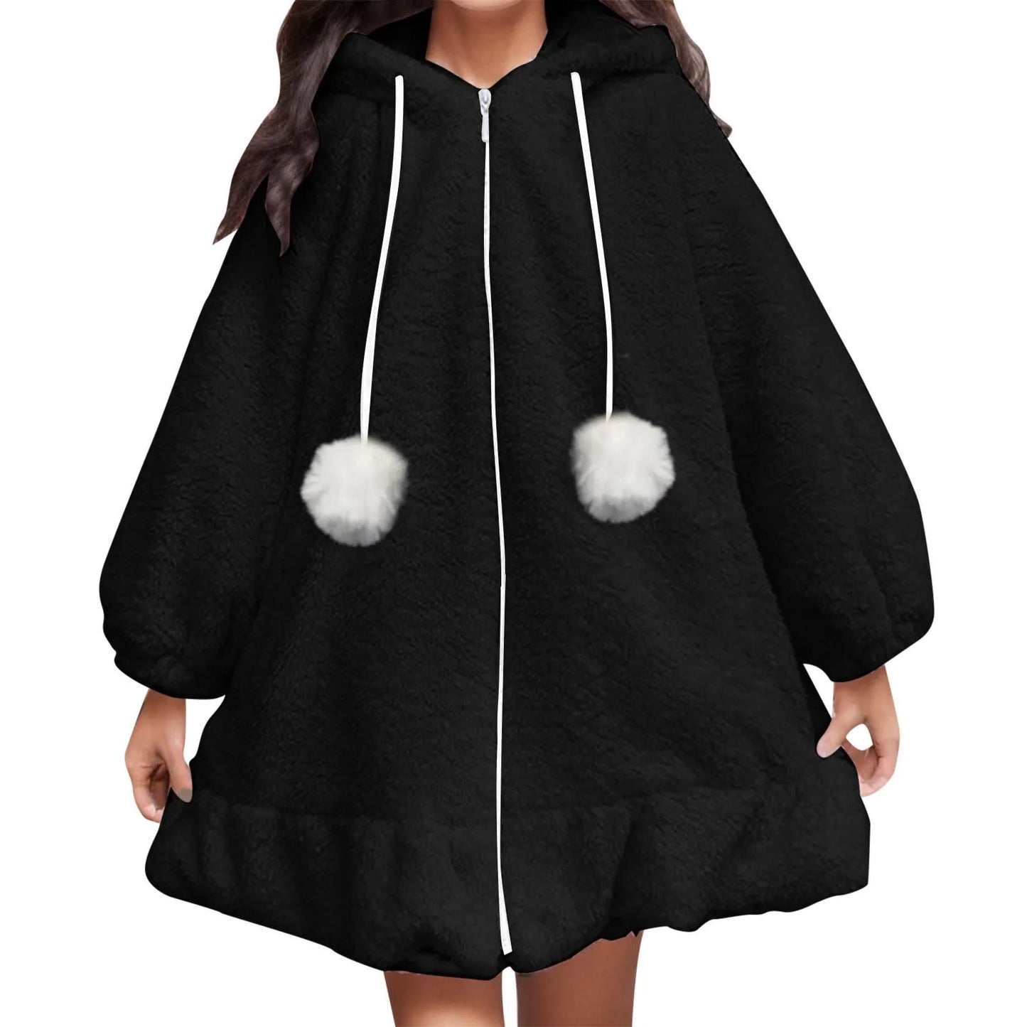Women's Oversized Plush Zip Hoodie with Decorative Pom Details for Cozy Casual Style