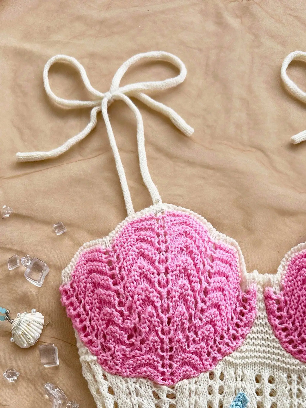 Playful Coastal Crochet-Style Mini Dress with Pink Ruffled Hem and Starfish Appliques