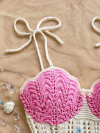 Playful Coastal Crochet-Style Mini Dress with Pink Ruffled Hem and Starfish Appliques