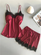 Women's Lace-Trim Satin-Look Pajama Set with V-Neck Camisole Top and Matching Shorts, Sleeveless Two-Piece Nightwear