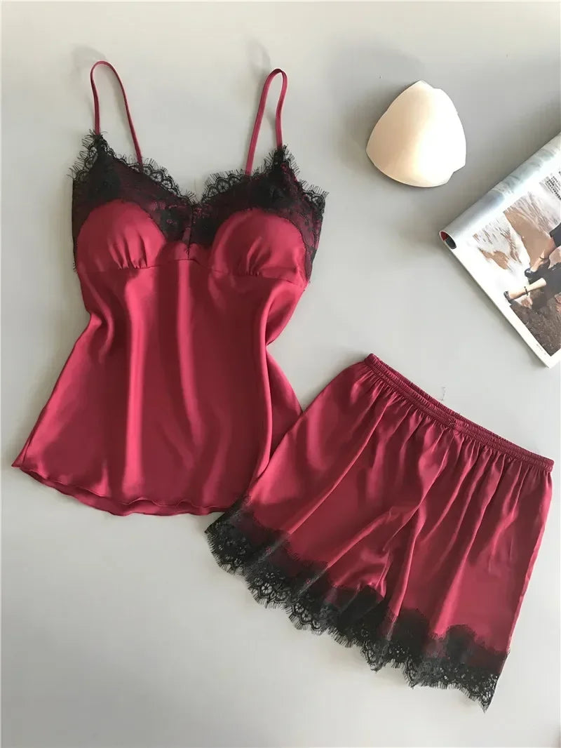 Women's Lace-Trim Satin-Look Pajama Set with V-Neck Camisole Top and Matching Shorts, Sleeveless Two-Piece Nightwear