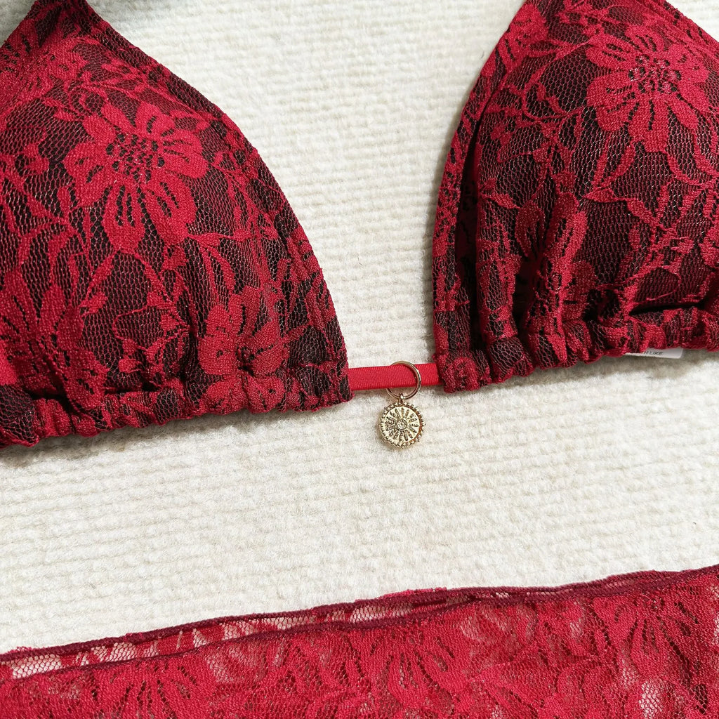 Crimson and Black Lace-Patterned Three-Piece String Bikini and Sarong Set